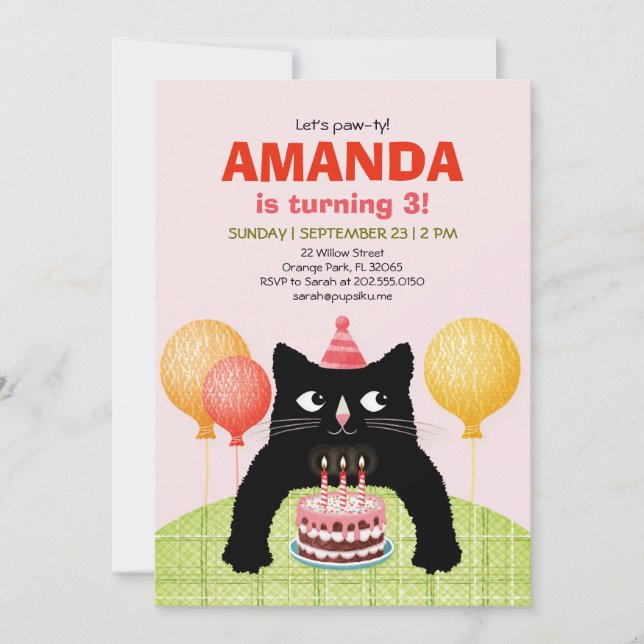 Third birthday party with cat, cake and candles in invitation (Front)