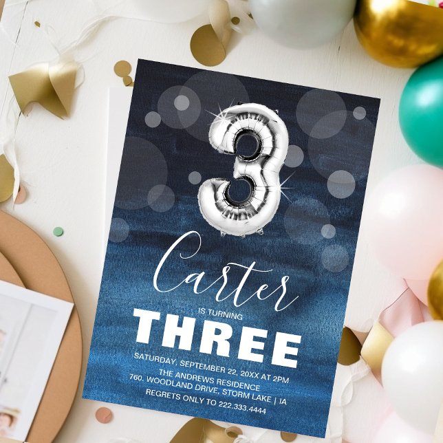 Third Birthday Silver Balloon | Blue Party Invitation (Creator Uploaded)