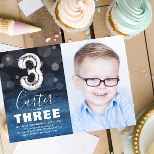 Third Birthday Silver Balloon   Blue Photo Party Invitation
