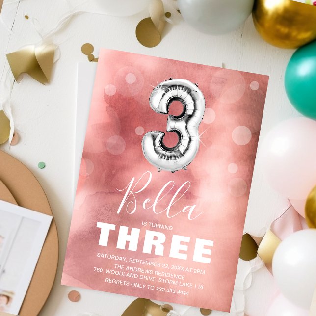 Third Birthday Silver Balloon | Pink Party Invitation (Creator Uploaded)