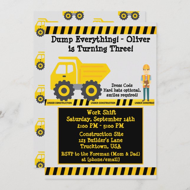 Third Birthday Yellow Dump Truck Construction Invitation (Front/Back)