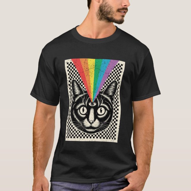 Third Eye Cat Rainbow Rays Trippy Optical T-Shirt (Front)