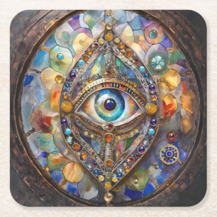 Third Eye on Stained Glass and Bronze Square Paper Coaster