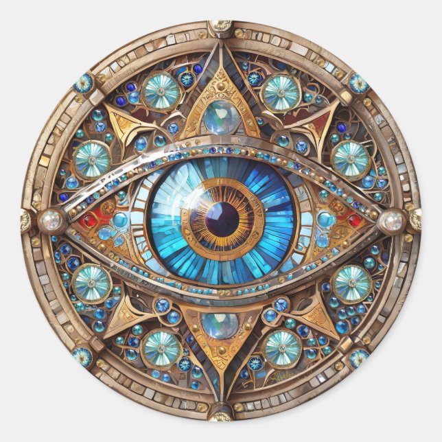 Third Eye - Turquoise Blue Gold Mandala Classic Round Sticker (Front)