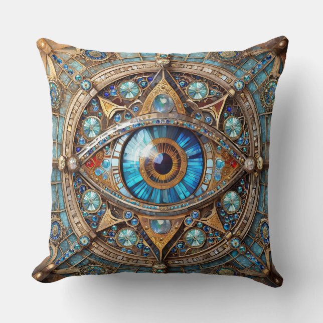 Third Eye - Turquoise Blue Gold Mandala Cushion (Front)