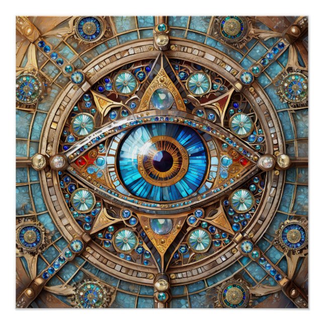 Third Eye - Turquoise Blue Gold Mandala Poster (Front)