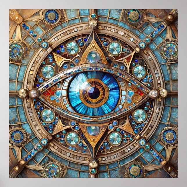 Third Eye - Turquoise Blue Gold Mandala Poster (Front)