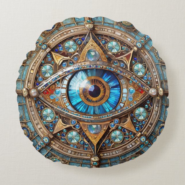 Third Eye - Turquoise Blue Gold Mandala Round Cushion (Front)