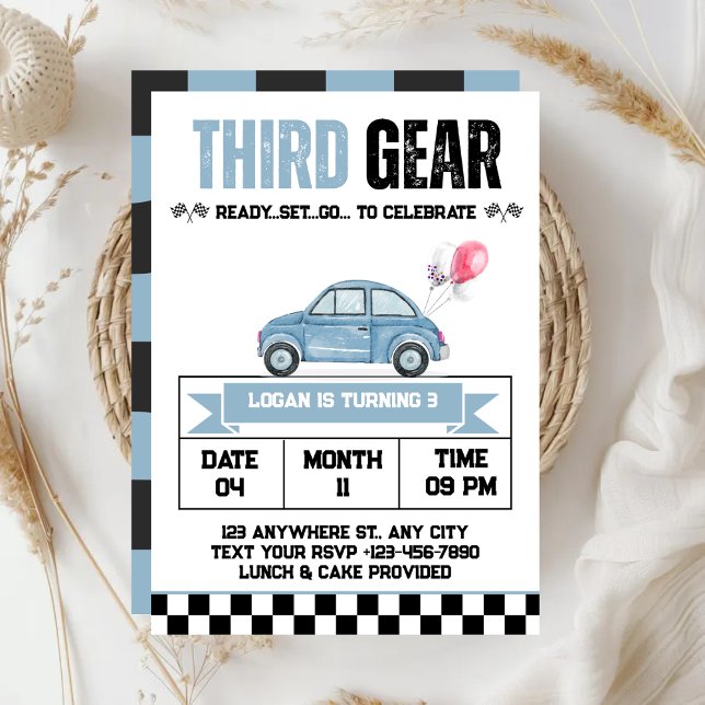 Third Gear Race Car Boy 3rd Birthday Party Invitation (Creator Uploaded)