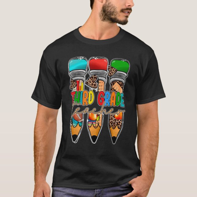 Third Grade Leopard Pencil 3rd Grade Teacher Back  T-Shirt (Front)