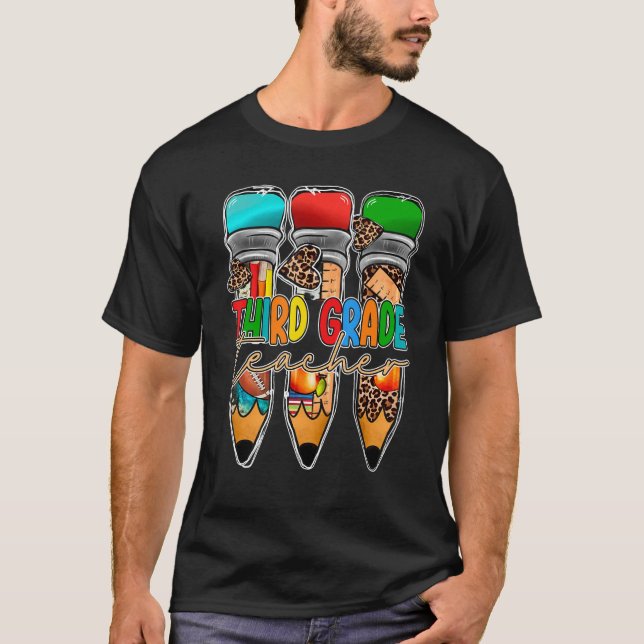 Third Grade Leopard Pencil 3rd Grade Teacher Back  T-Shirt (Front)