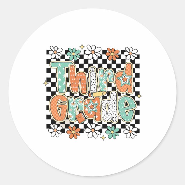 Third Grade Pencil Flower First Days Back To Schoo Classic Round Sticker (Front)