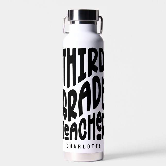 Third Grade Teacher Black Text Water Bottle (Front)