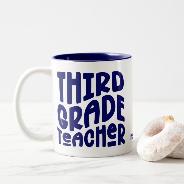 Third Grade Teacher Dark Blue Typography Design Two-Tone Coffee Mug (With Donut)