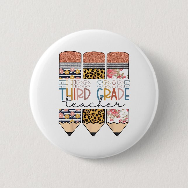 Third Grade Teacher Fun Leopard Pencil First Day O 6 Cm Round Badge (Front)