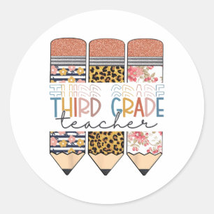 Third Grade Teacher Fun Leopard Pencil First Day O Classic Round Sticker