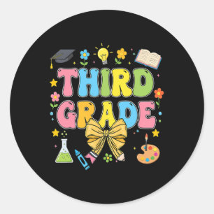 Third Grade Teacher Kids Coquette Bow Pencil Back Classic Round Sticker