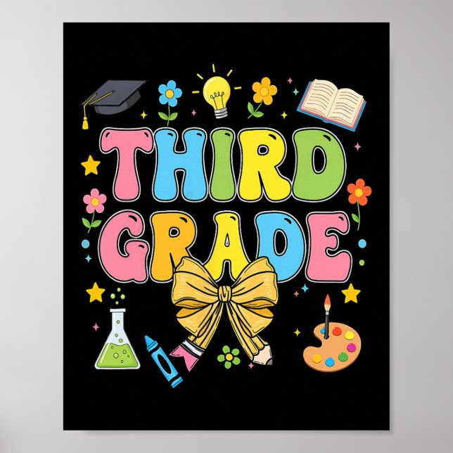 Third Grade Teacher Kids Coquette Bow Pencil Back  Poster (Front)