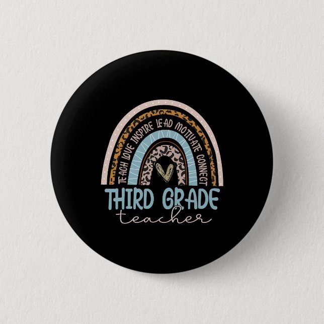 Third Grade Teacher Leopard Boho Rainbow Byck To S 6 Cm Round Badge (Front)