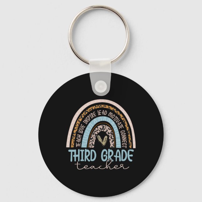 Third Grade Teacher Leopard Boho Rainbow Byck To S Key Ring (Front)