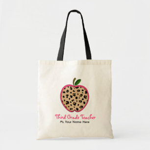 Third Grade Teacher Leopard Print & Pink Apple Tote Bag