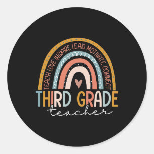 Third Grade Teacher Teach Love Inspire Boho Rainbo Classic Round Sticker