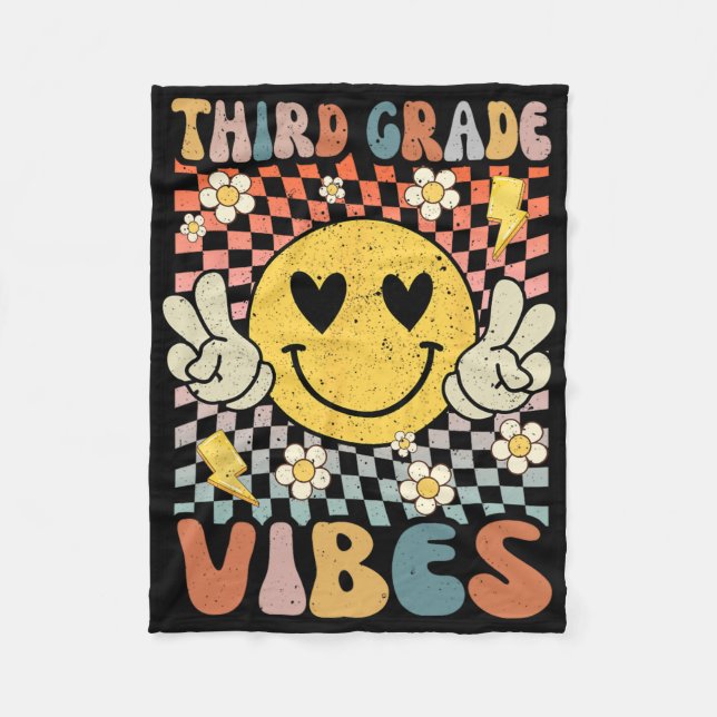 Third Grade Vibes 3rd Grade Retro Teacher 1st Day  Fleece Blanket (Front)