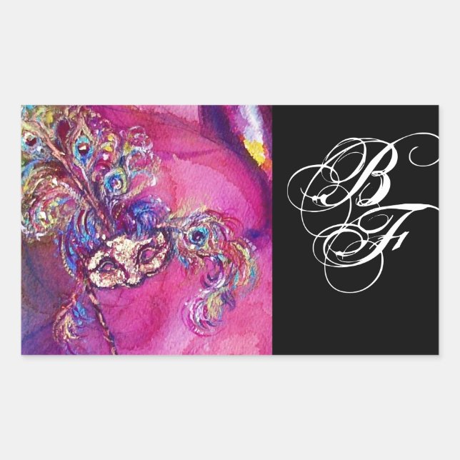 THIRD MASK Masquerade Monogram Fuchsia Black Rectangular Sticker (Front)