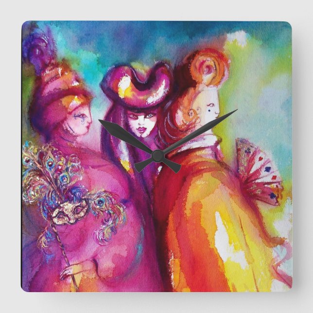THIRD MASK / Venetian Masquerade Square Wall Clock (Front)