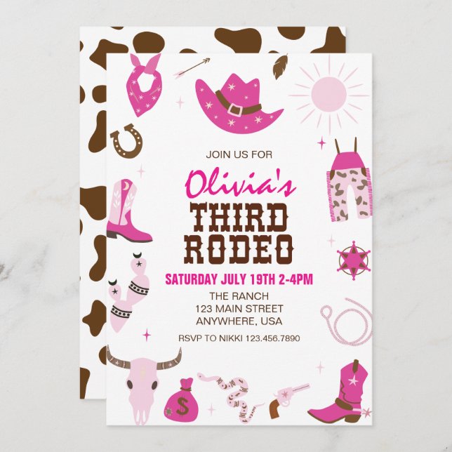 Third Rodeo Hot Pink Western 3rd Birthday Invitation (Front/Back)