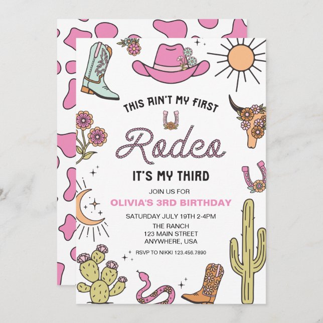 Third Rodeo Pink Western 3rd Birthday Invitation (Front/Back)