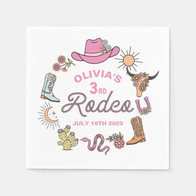 Third Rodeo Pink Western Cowboy 3rd Birthday Napkin (Front)