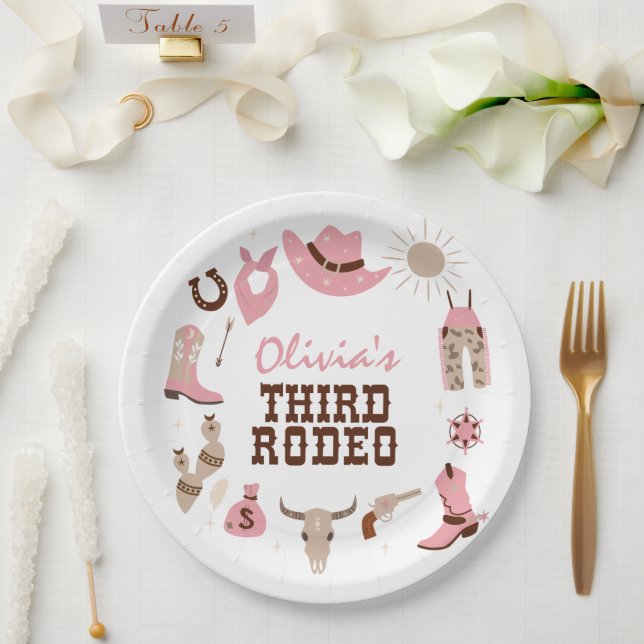 Third Rodeo Pink Western Cowboy 3rd Birthday Paper Plate (Wedding)