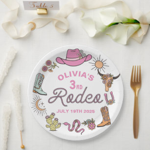 Third Rodeo Pink Western Cowboy 3rd Birthday Paper Plate