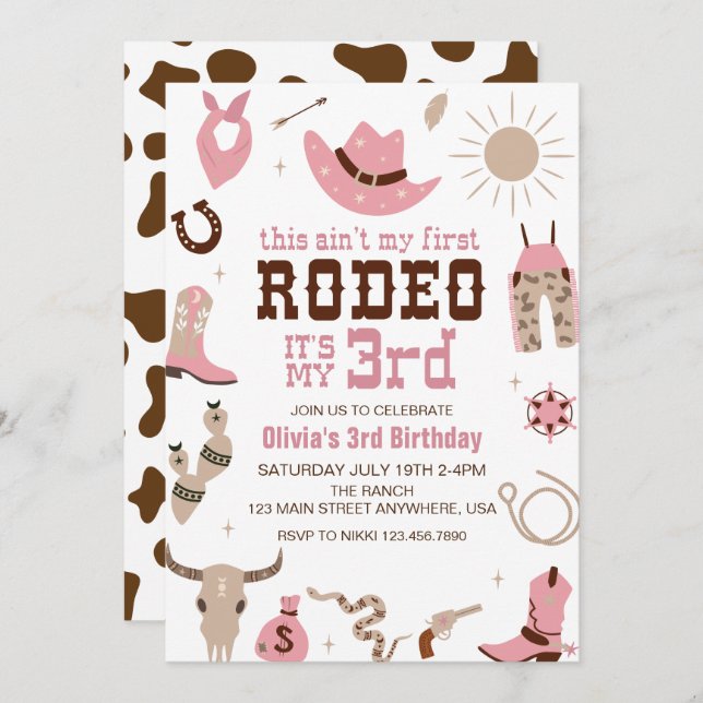 Third Rodeo Western Cowgirl 3rd Birthday Invitation (Front/Back)