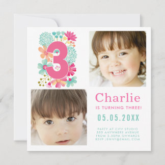 Third Three 3rd Birthday Party Photo Square Invitation