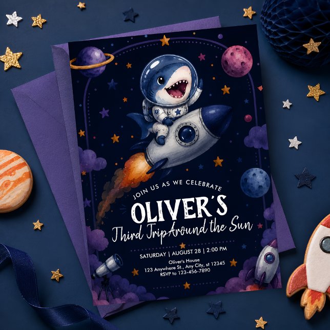 Third Trip Around the Sun Space Shark Birthday Invitation (Creator Uploaded)