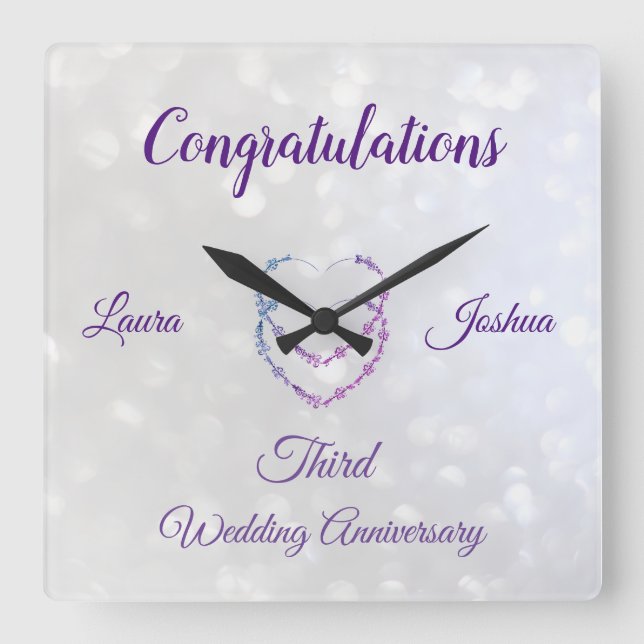 Third Wedding Anniversary Acrylic Wall Clock (Front)