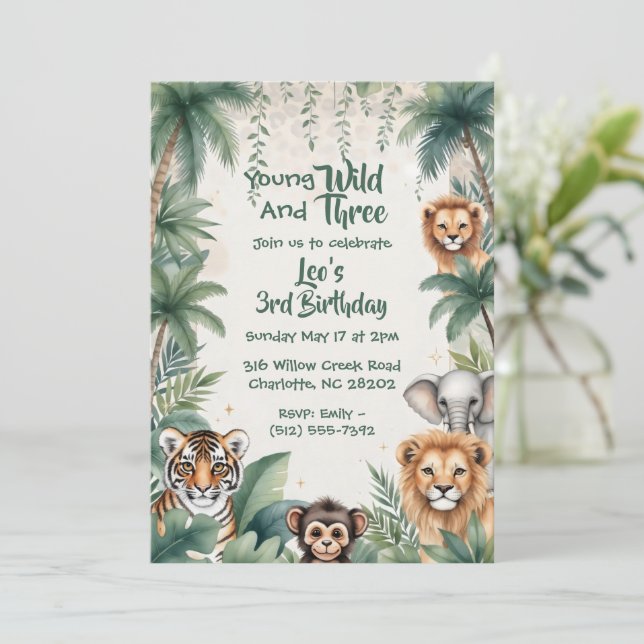 Third Wild Jungle Safari Animals Boy 3rd Birthday  Invitation (Standing Front)