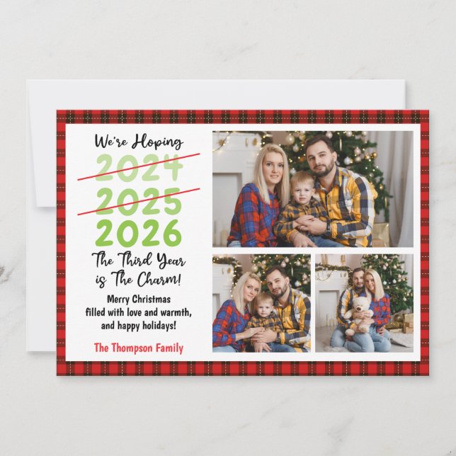 Third Year is a charm 3 Family Photos Christmas Holiday Card (Front)