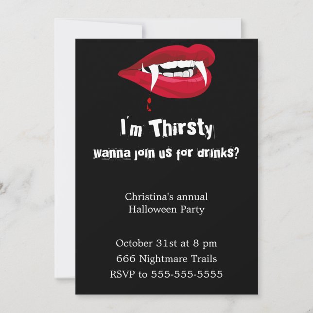 Thirsty Vampire Halloween Party Invitation (Front)