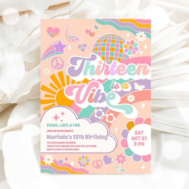 Thirteen Is A Vibe Sun Rainbow Disco 13th Birthday Invitation (Creator Uploaded)