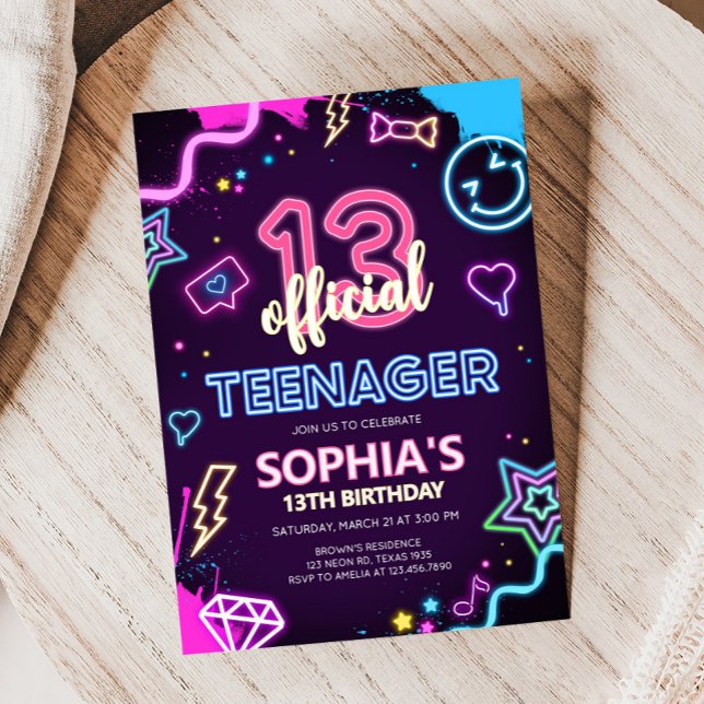 Thirteen Neon Teenager Birthday Party Invitation (Neon Official Thirteen Birthday Party Invitation)