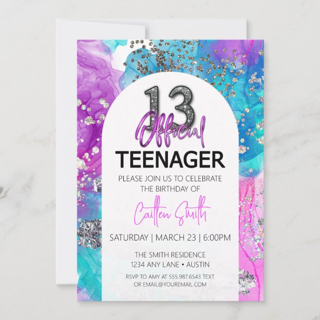 Thirteenth Birthday Invitation Cool Neon Glitter (Front)
