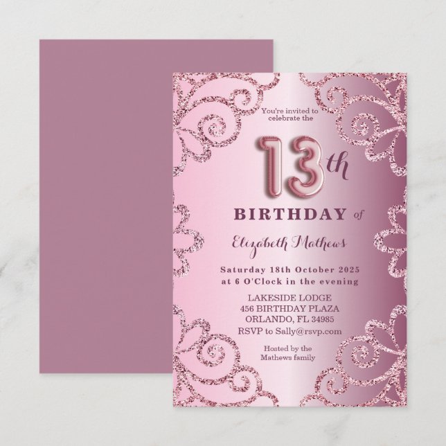 Thirteenth Birthday Pink Glitter Balloon Script  Invitation (Front/Back)