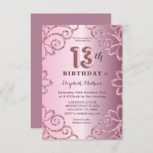 Thirteenth Birthday Pink Glitter Balloon Script  Invitation