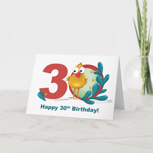 Thirtieth 30 Birthday with Funny Bird and Branch Card (Front)