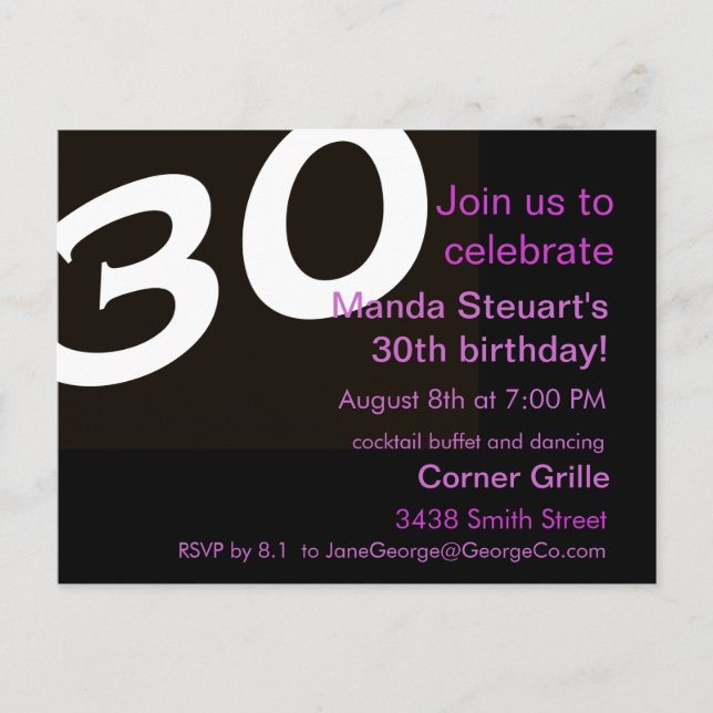 Thirtieth Birthday Party Post Card Invitation (Front)