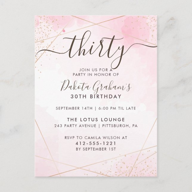 Thirtieth Script Watercolor Pink Birthday Party Invitation Postcard (Front)