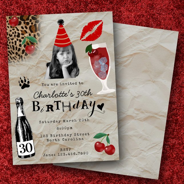 Thirty 30th Birthday Custom Photo Cherry Leopard Invitation (Thirty 30th Birthday Custom Photo Cherry Leopard Invitation)